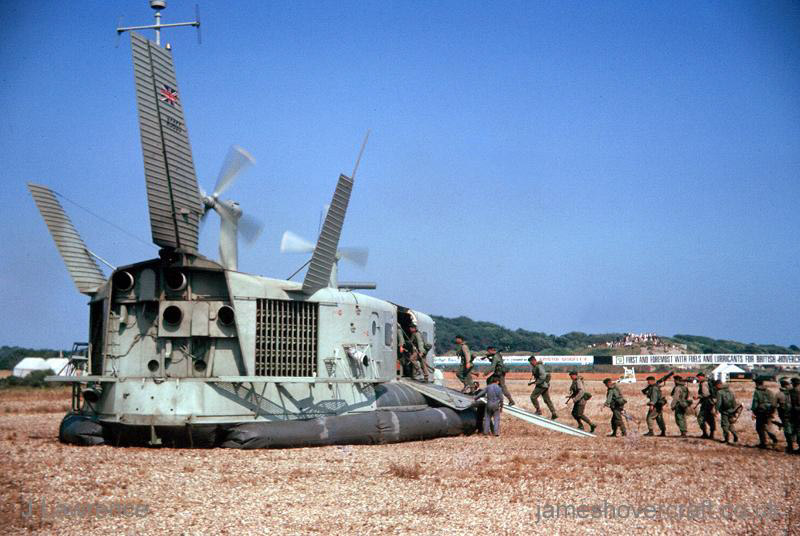 The SRN3 with the Inter-Service Hovercraft Trials Unit, IHTU - Troops lining up to get on-board (credit: Pat Lawrence).